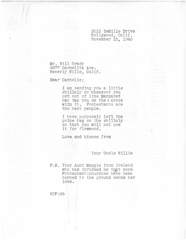 W.C. Fields’ letter to Bill Grady.